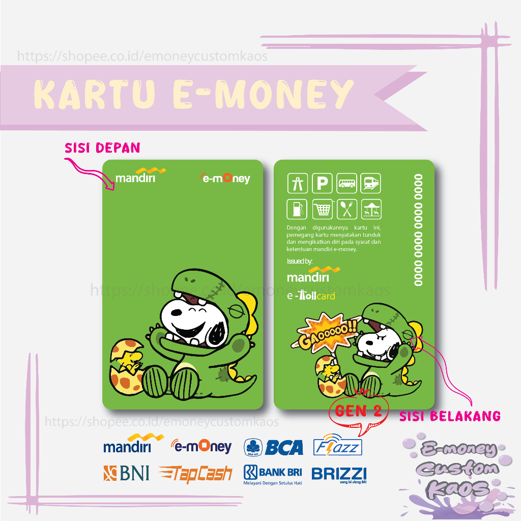 KARTU EMONEY SNOOPY WOODSTOCK ANIME DINO MANDIRI FLAZZ BCA GEN 2 BNI TAPCASH BRIZZI BRI - 2 SISI