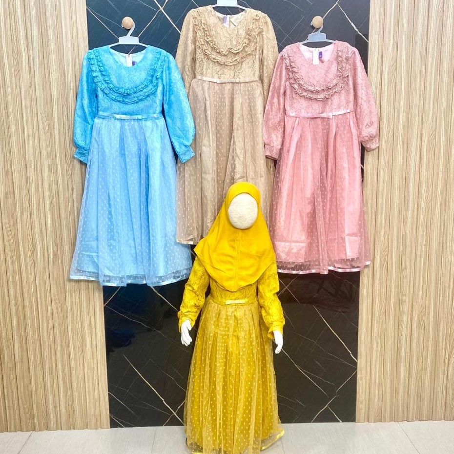 Morris Dress - Dress Anak Perempuan Muslim Model Brokat (Free Krudung) Usia 8 - 10 Tahun Import Prem