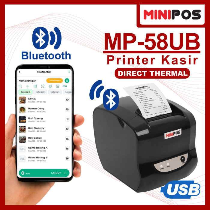 MINIPOS MP-58UB Printer Thermal 58mm Bluetooth USB Kabel Premium Glossy Head Thermal Jepang Adaptor 