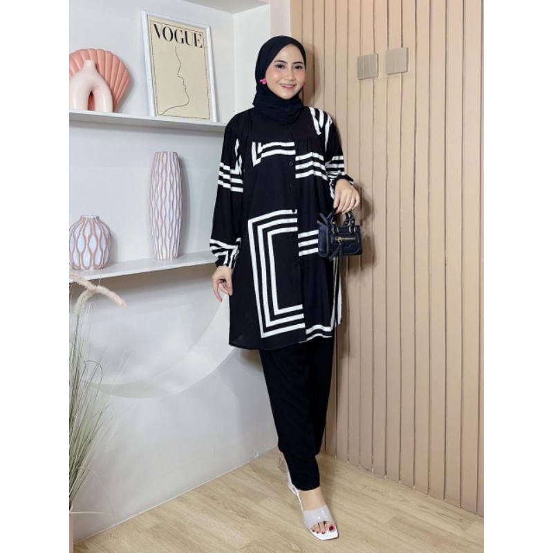 Baju setelan celana kemeja Tunik Maura Set outfit panjang busui hijab muslim motif rayon twill premi