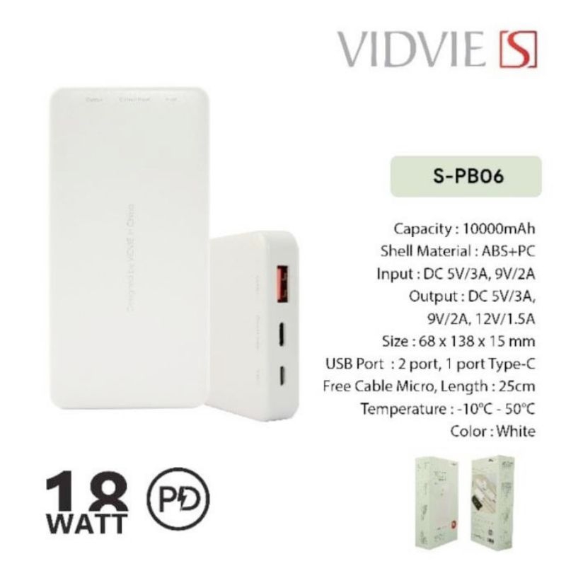 POWER BANK VIDVIE 10000 MAH S-PB06  18w/ POWERBANK 10000MAH SPB06