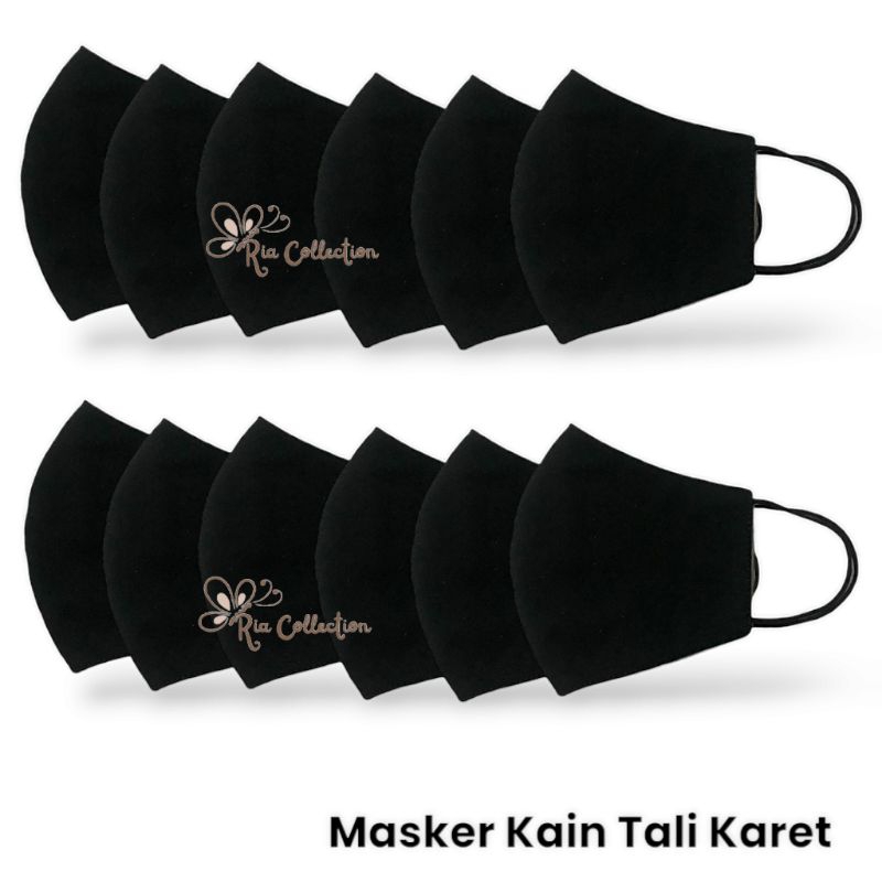 Selusin 12 PCS Masker Kain Tali Karet 2 Ply Hitam Cewek Cowok