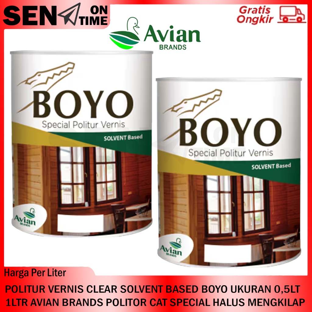 POLITUR VERNIS CLEAR AVIAN BRANDS BOYO TRANSPARAN SOLVENT BASED CAT KAYU UKURAN 1LT 0,5LTR HALUS MEN