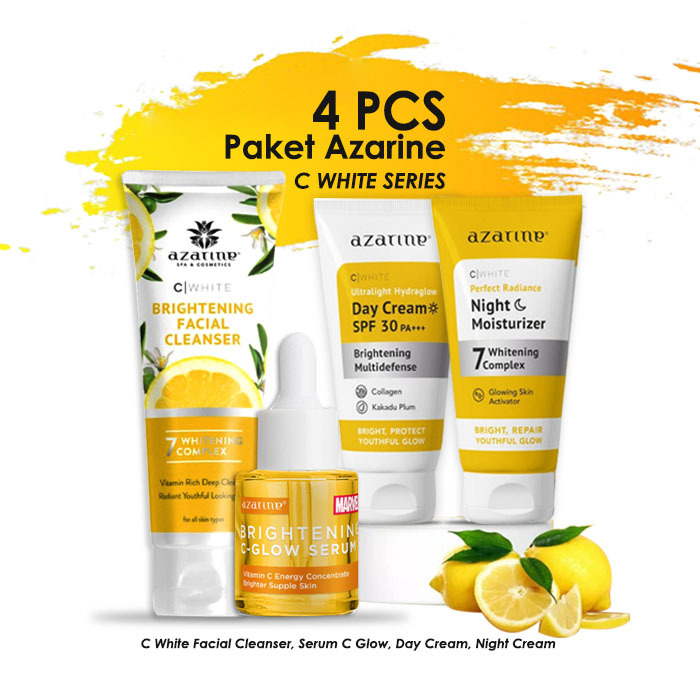 Paket Glowing Skincare Azarine C White 4 pcs ( Facial Cleanser 60 ml, Hydraglow Day Cream SPF 30+++ 