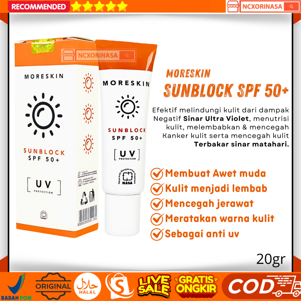 MORESKIN SUNBLOCK SPF 50+ Sunscreen Wajah Pelindung Wajah dari Sinar Matahari Pelembab Wajah