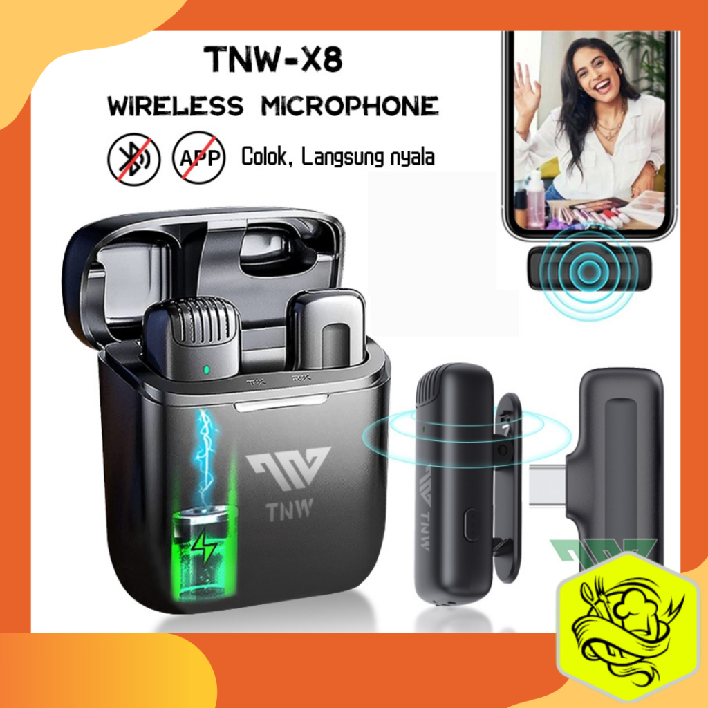 TNW-X8 Mikrofon Nirkabel Lavalier dengan Kotak Pengisi Daya Wireless Microphone Mikrofon Lapel Mini 