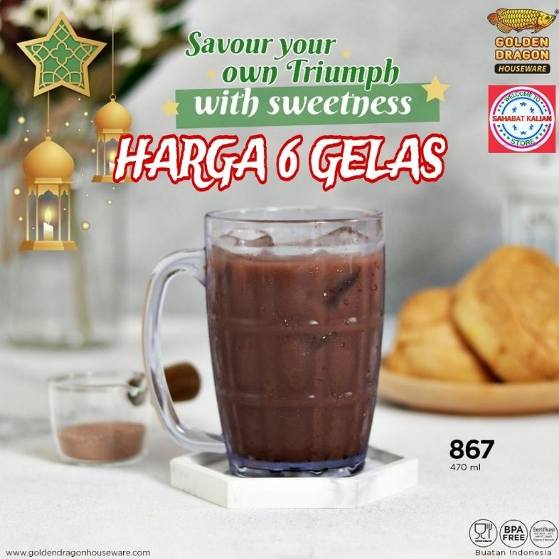 (6 GELAS) Gelas Gagang Golden Dragon 867 470ml