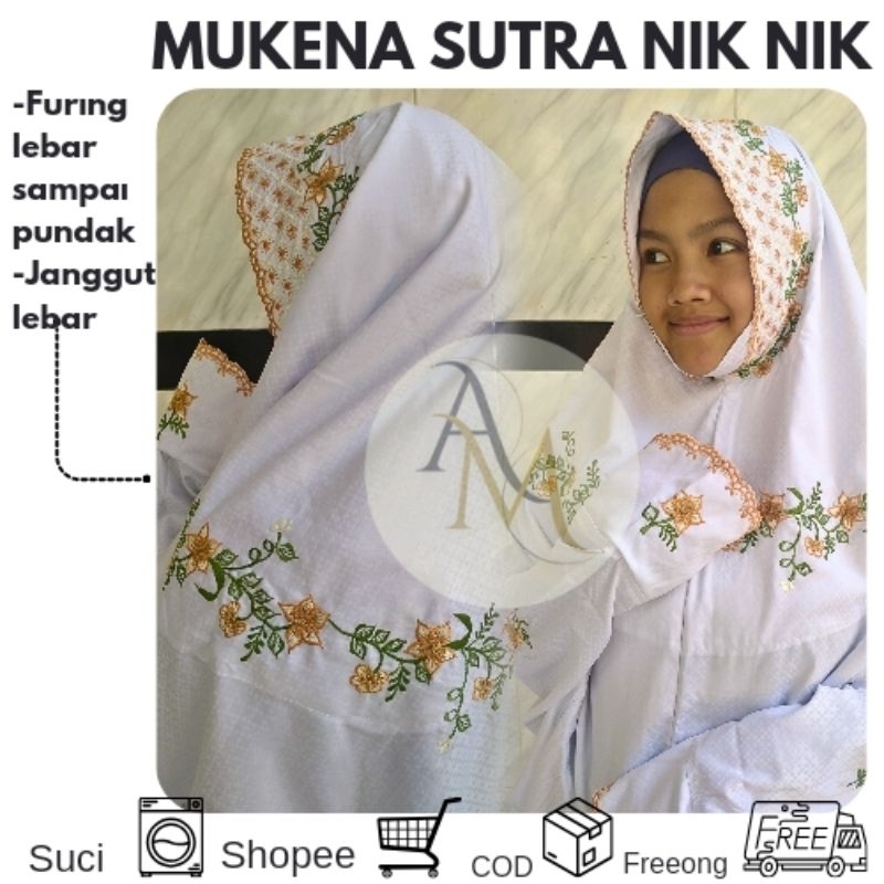 MUKENA BORDIR HALUS BAHAN SUTRA NIK NIK UKURAN REMAJA MODEL TERUSAN / LAJURAN FURING LEBAR SAMPAI PU