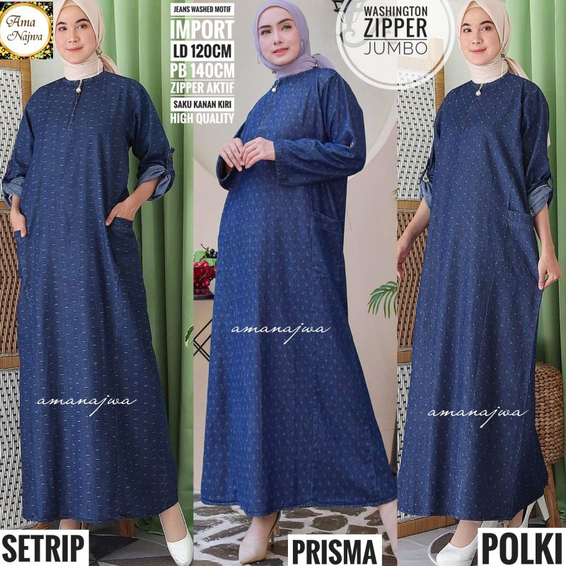 Gamis Jeans Wanita Super Jumbo Big Size Dress LD 120 Bahan Jeans Washed Motif Import