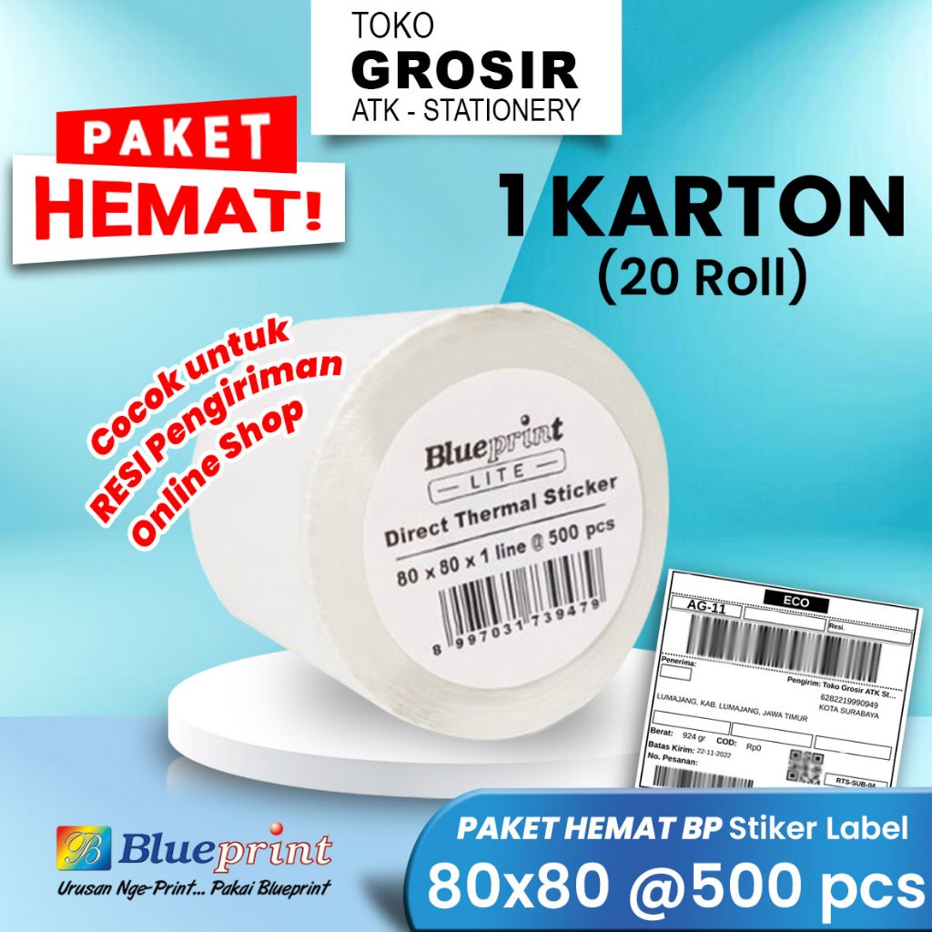 

PROMO HEMAT 80x80 20 Roll Resi Label Pengiriman 80mm Kertas Thermal Sticker Barcode BLUEPRINT Lite500 Stiker Termal < A6 Paket Hemat