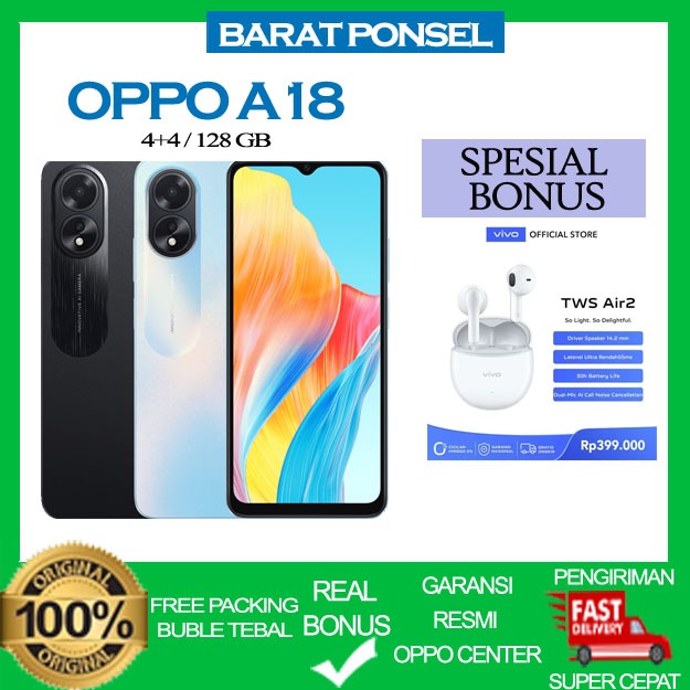 [Official Store] OPPO A18 RAM 4GB+4GB EXTENDED ROM 128GB, BATRE 5000MAH, CHIPSET Mediatek MT6769 Hel