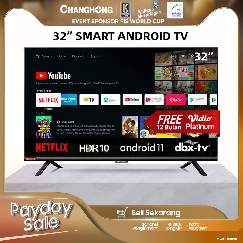 Changhong 32 Inch Newest Android 11 Frameless Smart TV Digital LED TV HD (L32G7N)-Netflix-Youtube Garansi Resmi 3 Thn (L32G7N)