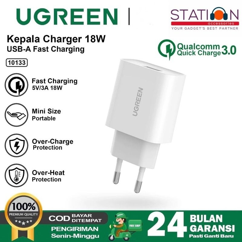 UGREEN 10133 Kepala Charger iPhone Android Fast Charging 18W USB QC 3.0