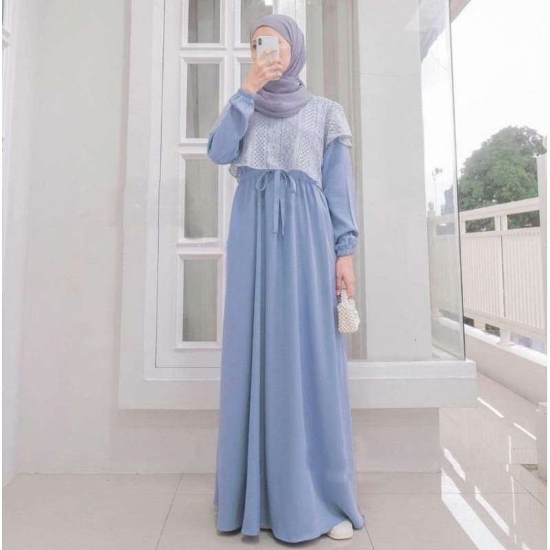 [ PROMO ] Saskia Dress Cringkle Combinasi Brokat Malika Gaun Wanita Remaja Busui Gamis Wanita Terlar