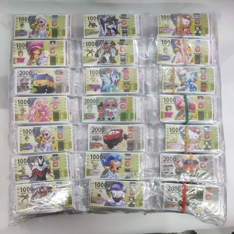 Isi 40 pcs mainan anak jadul uang KECIL berkarakter kemasan PLASTIK OPP ukuran 7 x 3 cm