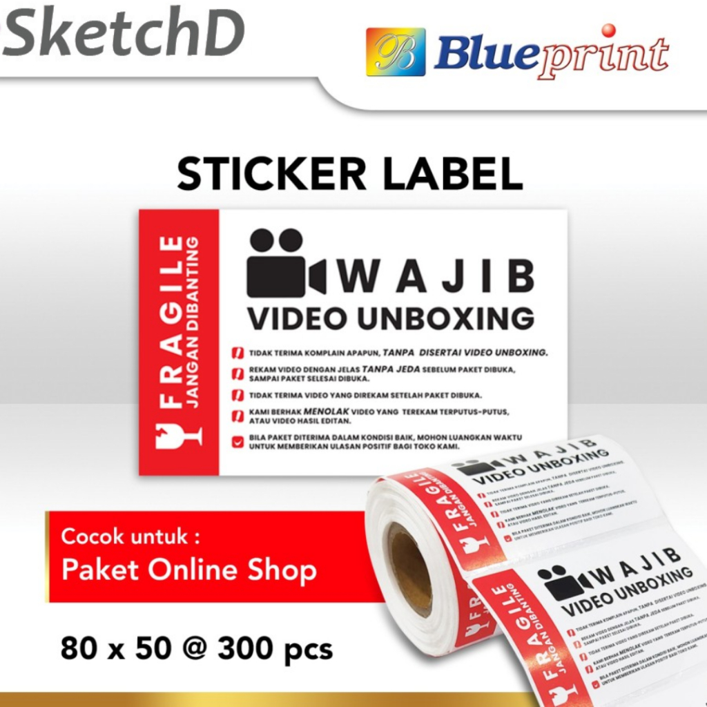 

Label Stiker Fragile Wajib Video Unboxing 80 x 50 mm Sticker Blueprint