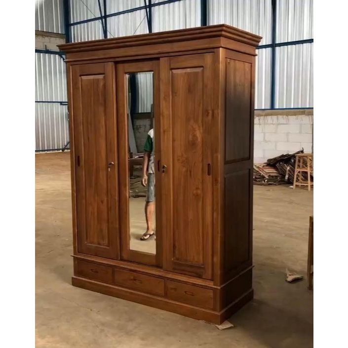 Lemari Pakain Minimalis Jati 3 Pintu Sliding, Lemari Sliding Minimalis Jati