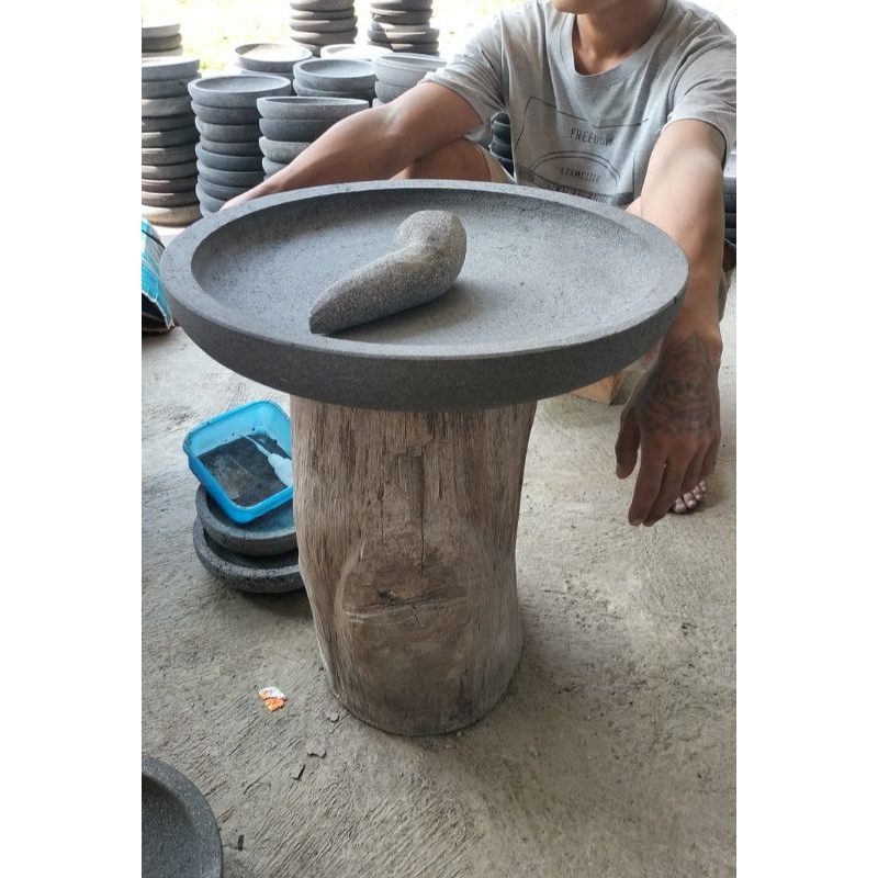 PACKING KAYU Cobek batu asli 40cm batu gunung Merapi set ulekan.