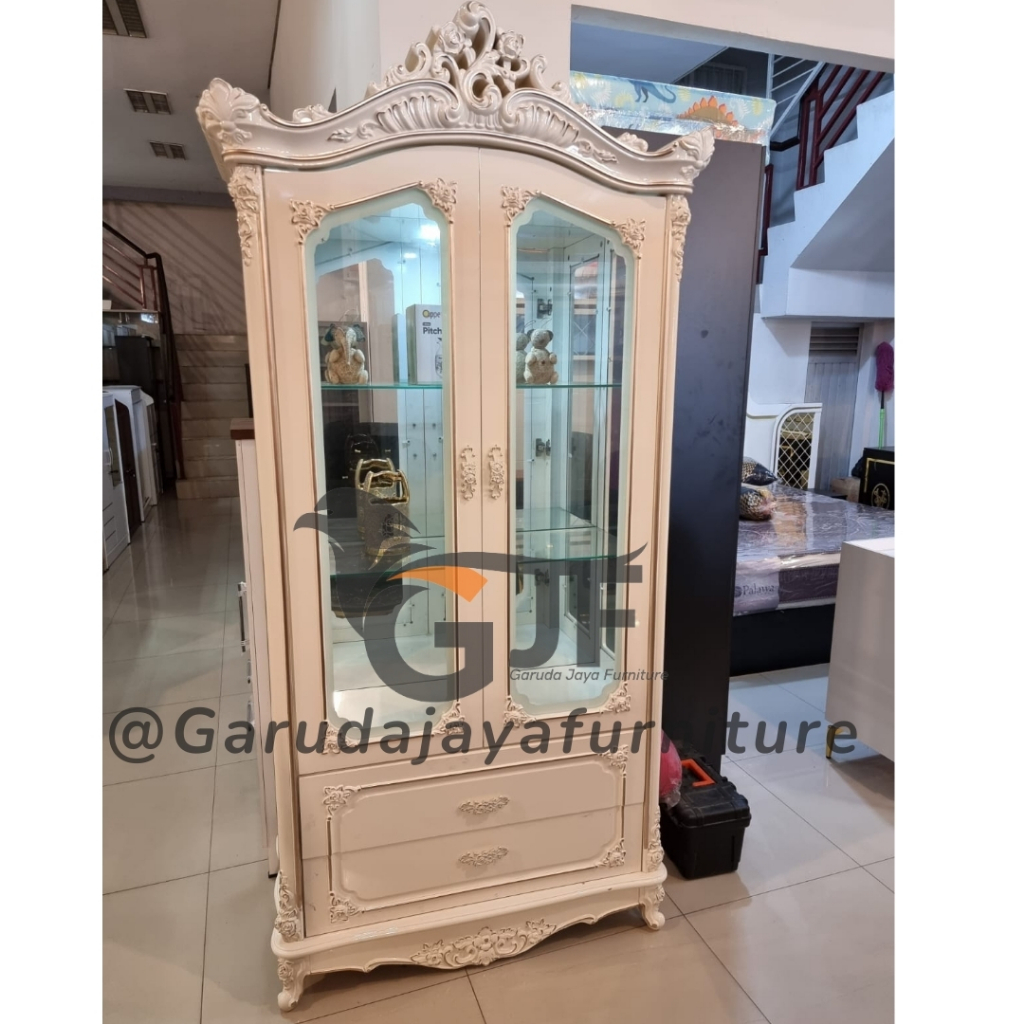 LEMARI PAJANGAN 2 PINTU/LEMARI HIAS 2 PINTU/LEMARI PAJANGAN KACA UKIR/LEMARI PAJANGAN PUTIH CANTIK M
