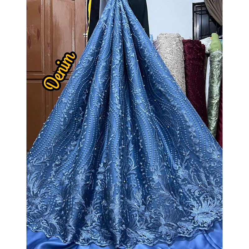 KAIN TILE TULLE AKAR MUTIARA BORDIR ATAS BAWAH / BAHAN BROKAT KEBAYA MURAHe