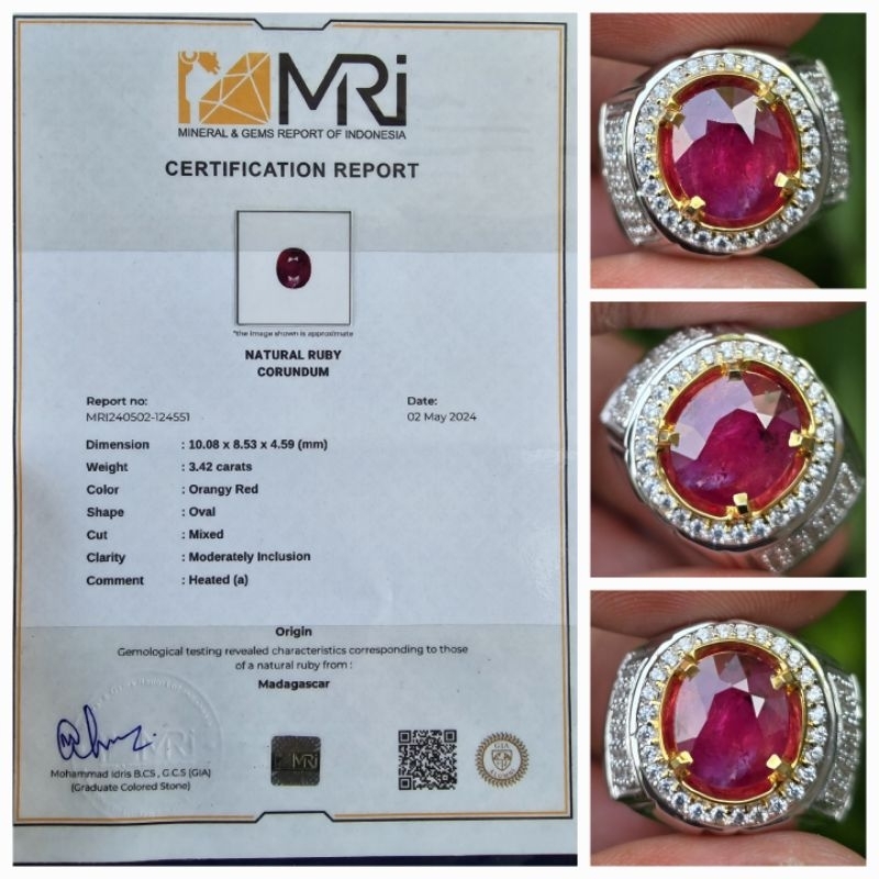 Natural Orangy Red Ruby Heat A Sertifikat 3.42 crt