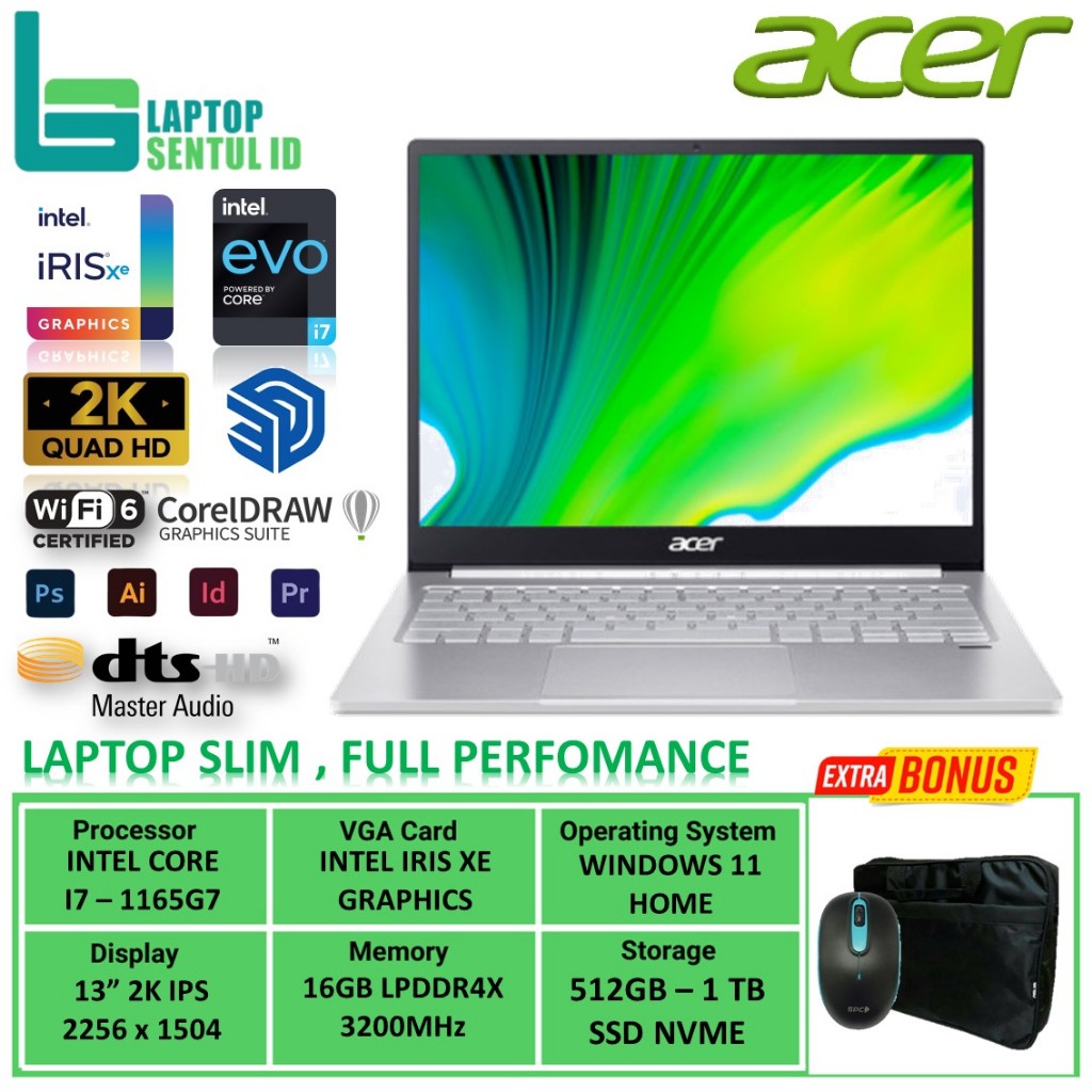 Laptop Acer Swift 3 SF313 Intel Evo I7 1165G7 Ram 16GB 1TB Ssd 2K IPS Backlight Windows 11 Original