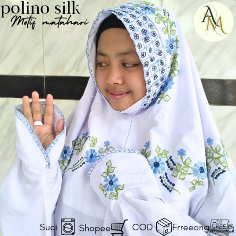 ALMUKHTAR~MUKENA BORDIR HALUS BAHAN POLINO SILK MOTIF MATAHARI UKURAN REMAJA MODEL TERUSAN / LAJURAN