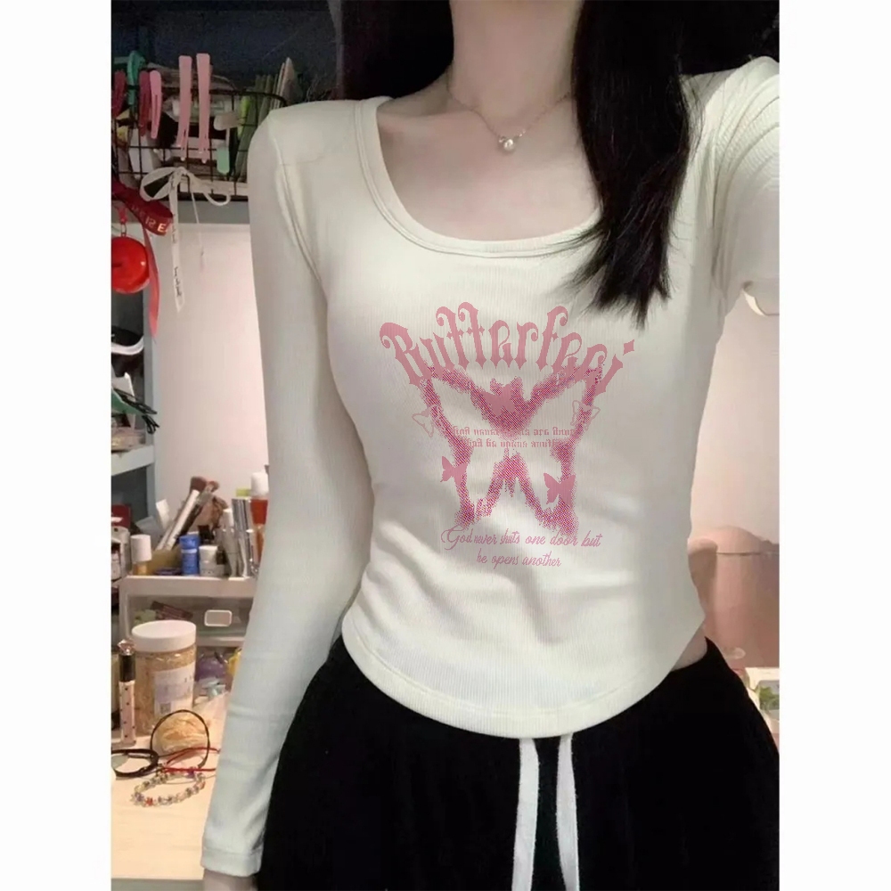 Polos crop top/Baju Crop Wanita/Korean Kaos Lengan Panjang  U Neck Wanita Pink butterfly Printed Sty