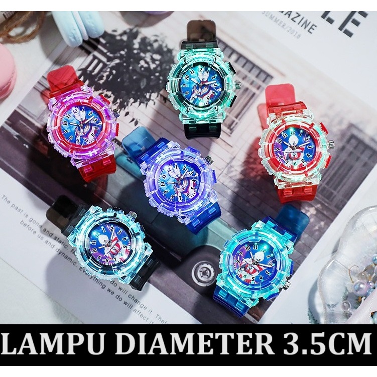 JM010 Jam tangan anak laki laki ultraman cowok boy boys fashion bulat ada lampu LED warna warni rain