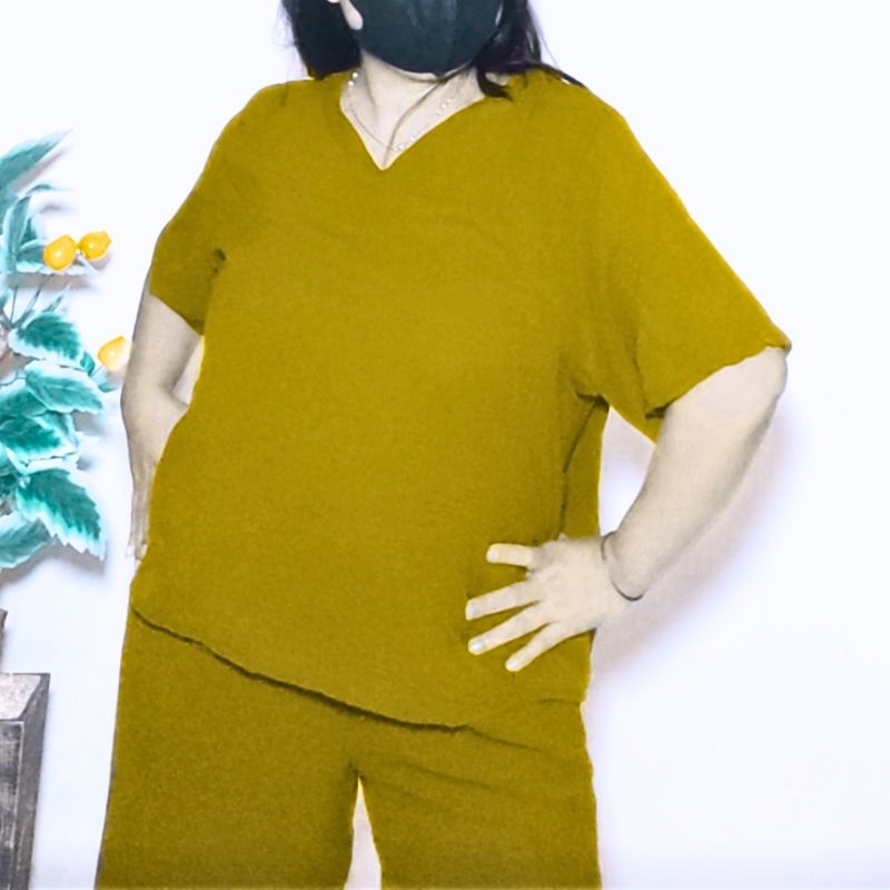 Oversize V-neck | Setelan Crinkle Wanita LD 120 | Baju Tidur Wanita Jumbo Lengan Pendek Celana 7/8 B
