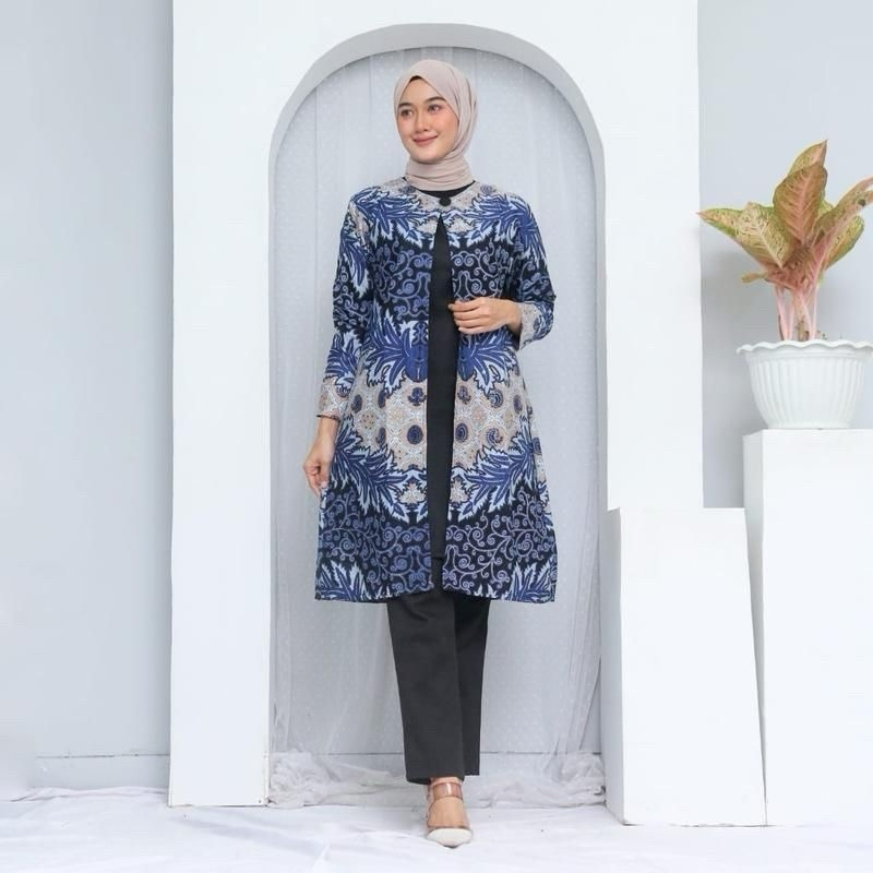 Tunik Sabiyan Motif Kuncoro 01 Terbaru Modern dress, Baju Batik Tunik Wanita Lengan Panjang Bahan Ka