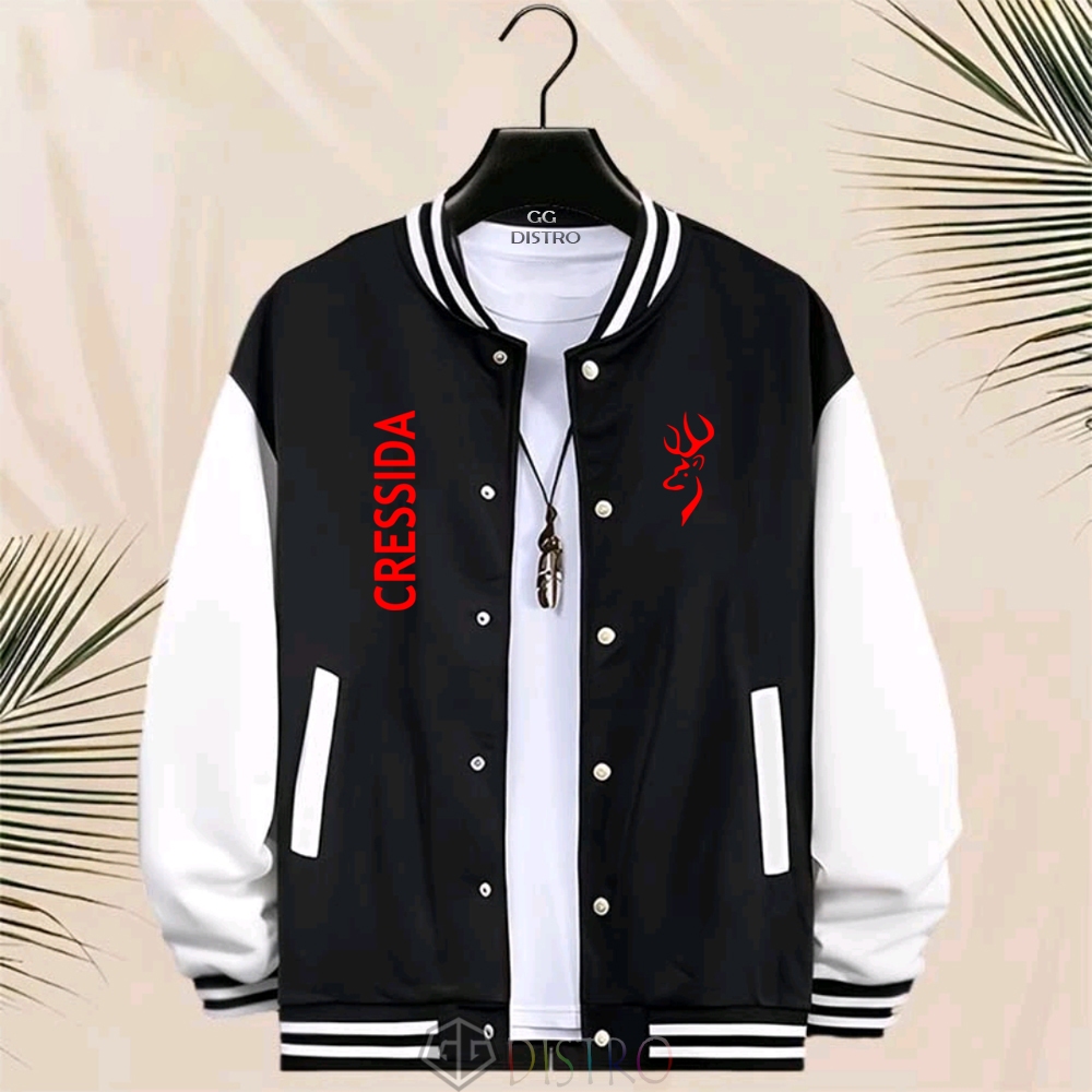 GG Distro - Jacket Unisex Baseball Kancing Jacket Varsity Cressida Text Red Jacket Pria Print