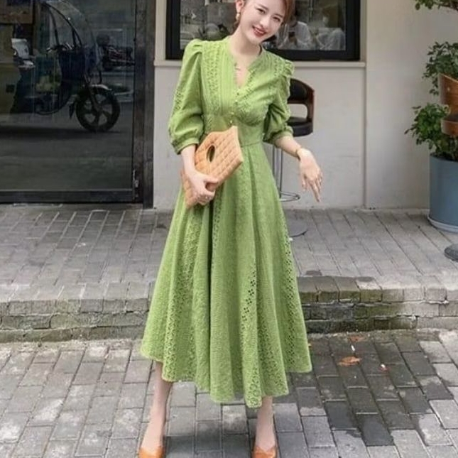 59003 Baju minidresss LEYLIA EMBROIDERY COTTON KATBOL katun bolong bordir vneck hijau orange putih p
