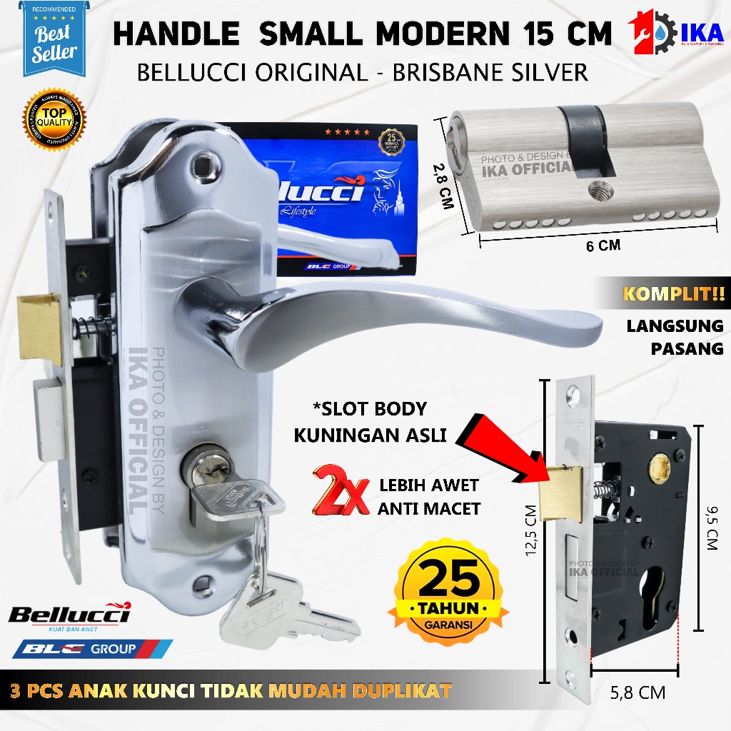 Kunci Pintu Kecil Bellucci 15cm BRISBANE NP Silver / Handle Gagang Kunci Kecil 15 cm Fullset / Kunci