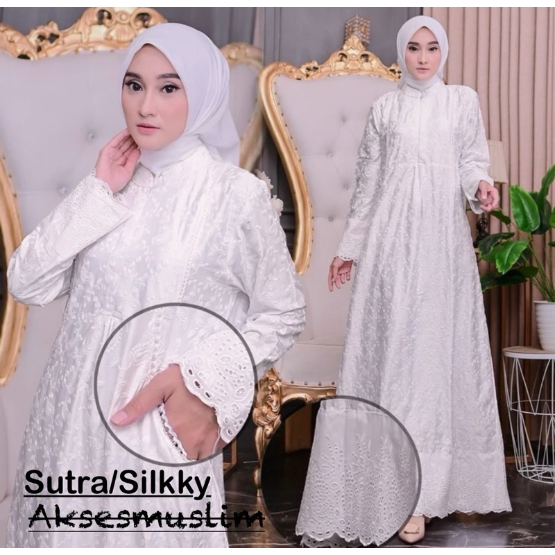 Gamis Ihrom Semi Sutra Gamis Silky Putih Bordir Renda Kerancang Perlengkapan Haji dan Umrah Wanita