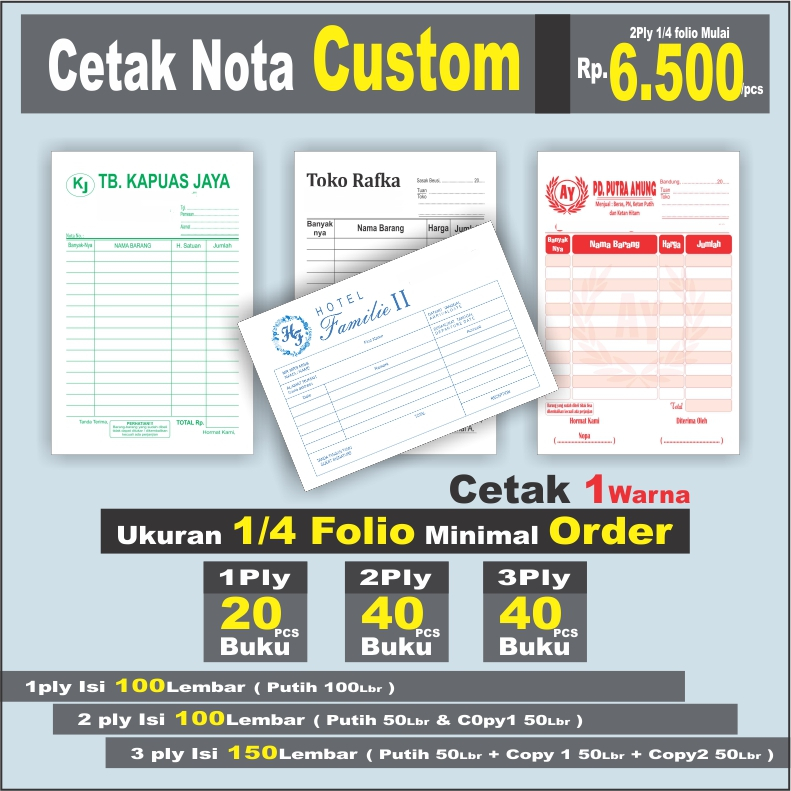 

Bon Murah Untuk Toko per 1rim bisa custom 1/4 folio