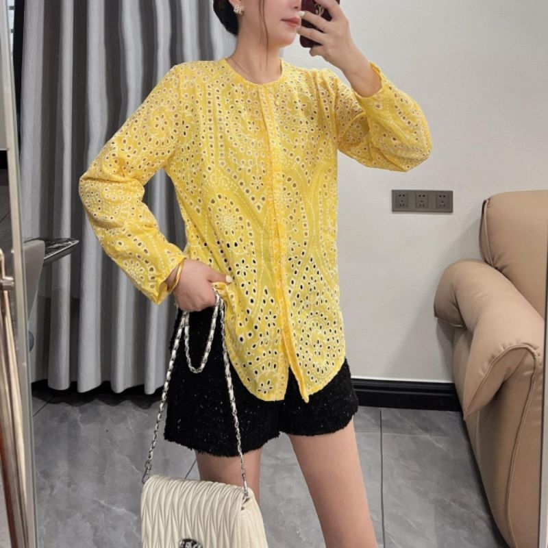 2902 Baju atasan kemeja blouse RIDDELLA EMBROIDERY COTTON HIDDEN BUTTON KATBOL katun bolong bordir K