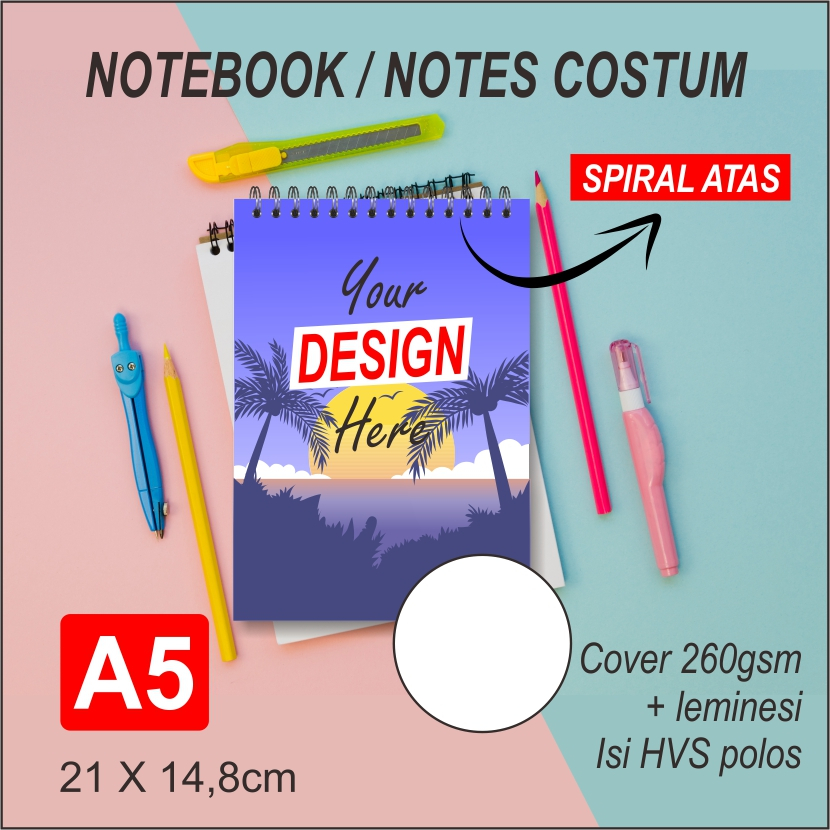 Notebook/notes spiral custom A5 isi hvs polos (spiral atas)