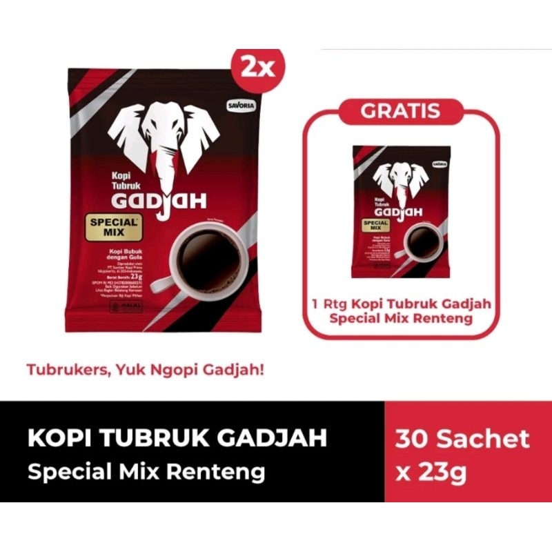 

Kopi Tubruk Gadjah Special Mix Renteng 30 sachets Kopi Tubruk Hitam Gadjah Tubruk 30sachets