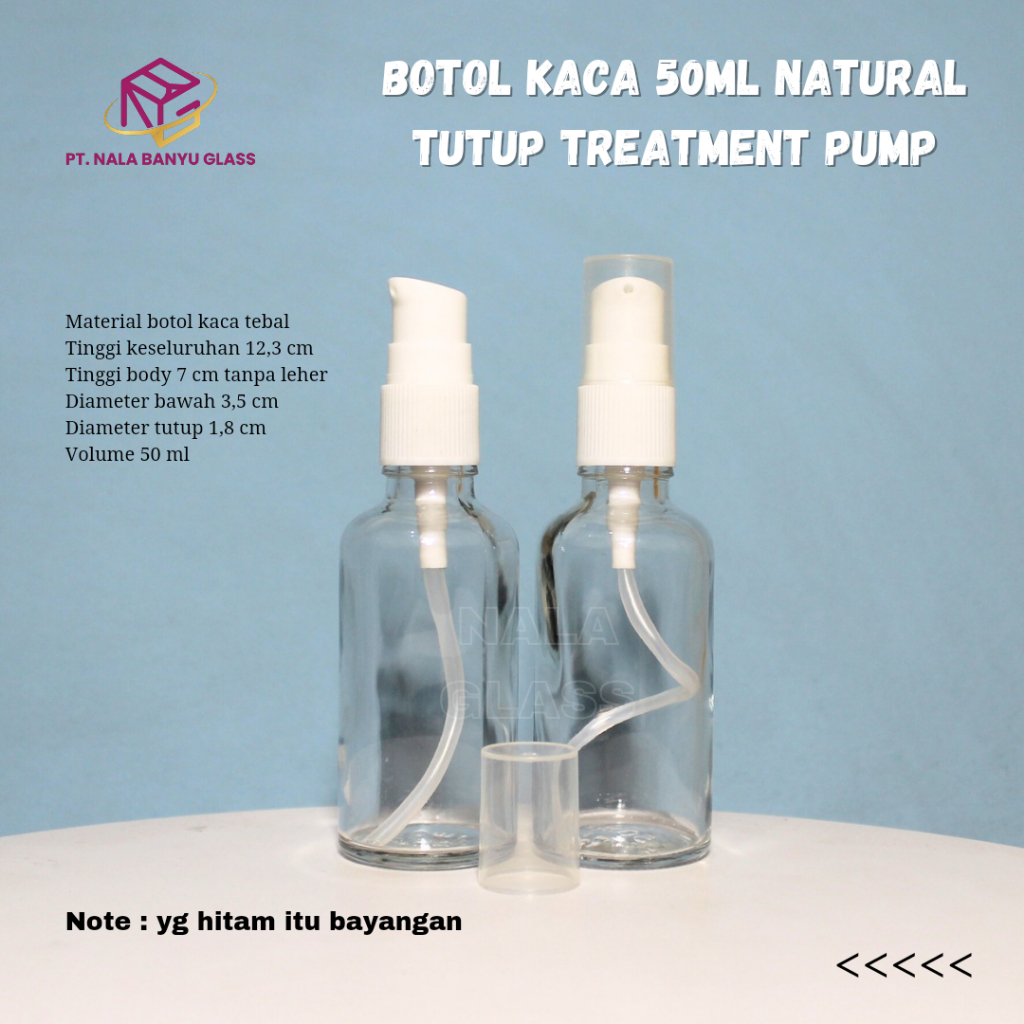 botol kaca 50ml pump / botol kaca 50ml bening tutup pump putih