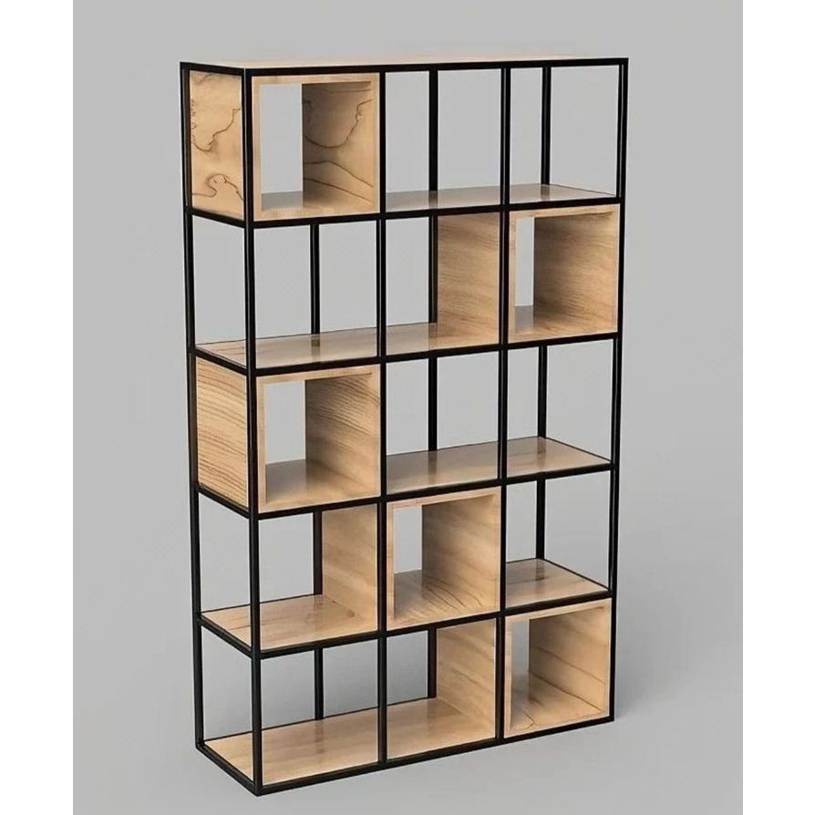 Rak Buku Model Rangka Besi | Partisi Kayu Jati Industrial | Rak Hias Minimalis