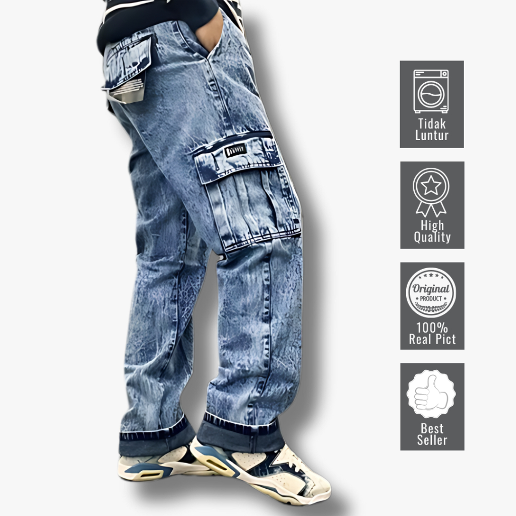 Celana Cargo Jeans Pria LoosePant reguler / Cargo pants Jeans Standard Denim washed Blue sandwash