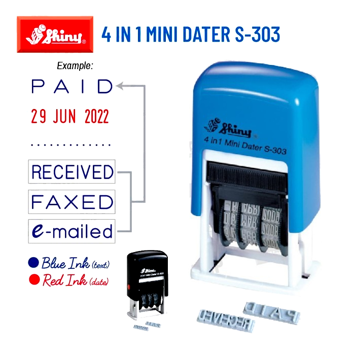 

Stempel Tanggal / Dater Otomatis Shiny S303 4in1 (PAID, RECEIVED, FAXED, e-mailed)