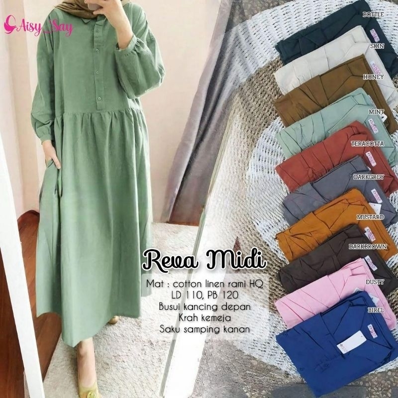 By Aisysay Reva Midi Dress Bahan Linen Rami-Midi Dress Muslim Korean Style-Casual Midi Dress Busui-M