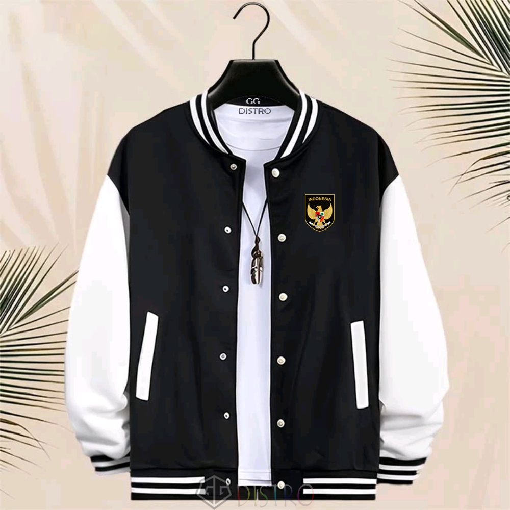 COD - Jacket Unisex Baseball Kancing Jacket Varsity Garuda 02 Hitam Putih Baseball Pria Print