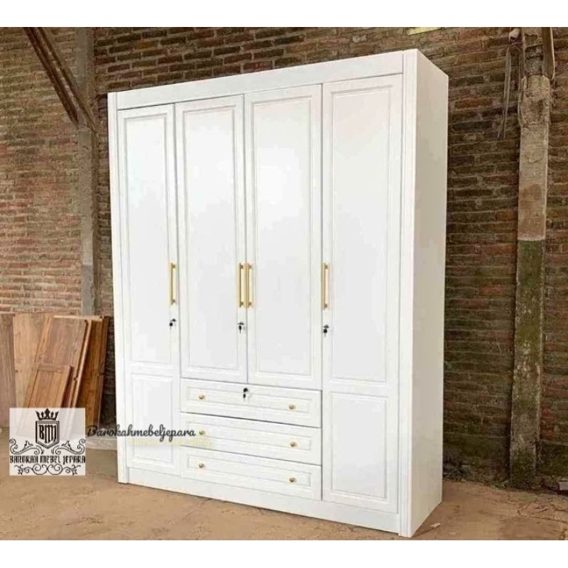 Lemari pakaian Duco putih jati 4 pintu minimalis , lemari jati 4 pintu , Almari baju minimalis , lem