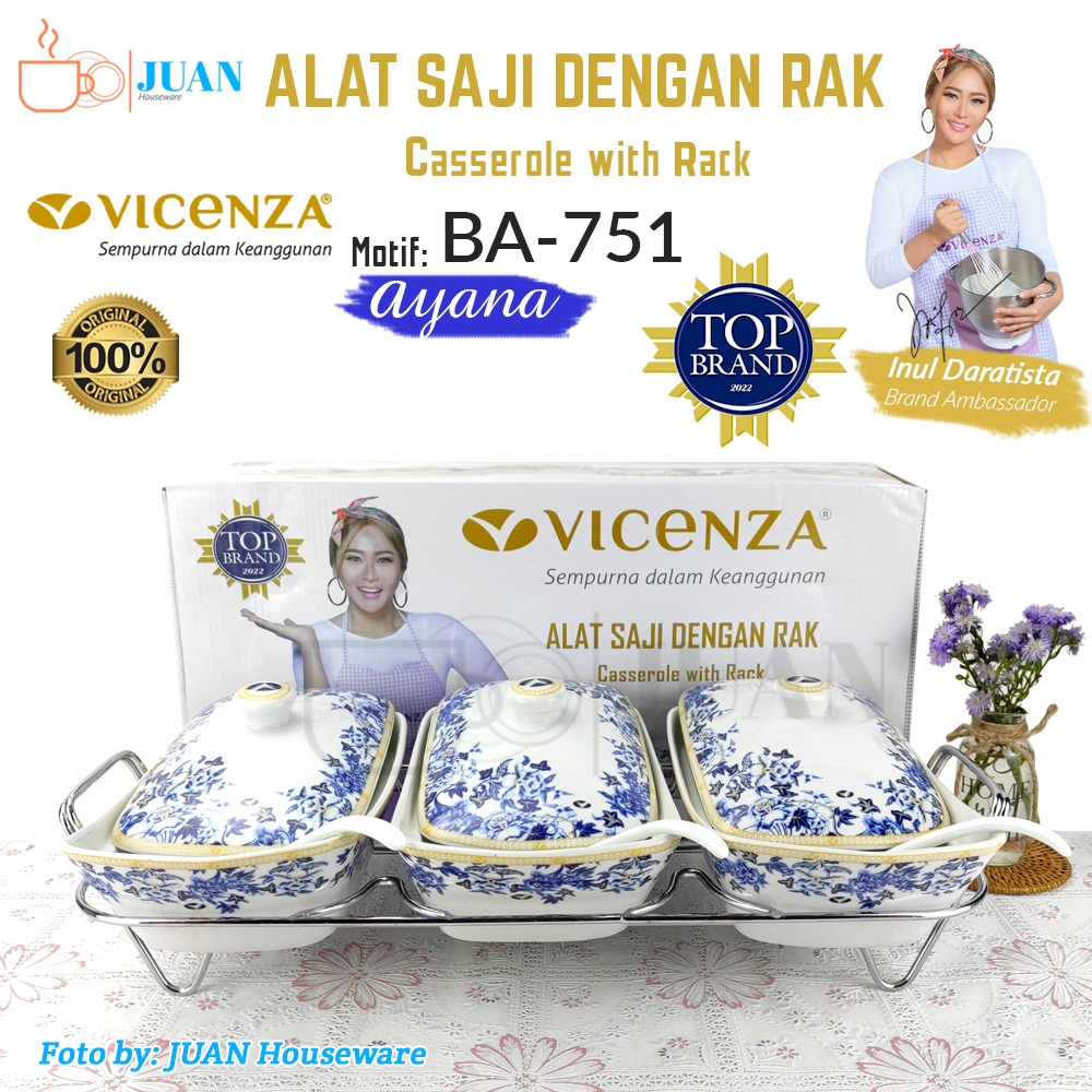 VICENZA Prasmanan segi set keramik isi 3 + tutup + rak motif ayana / casserole / wadah saji porselen