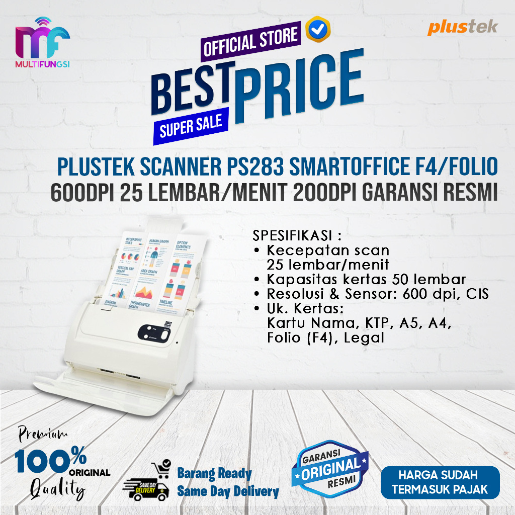 Plustek Scanner PS283 SmartOffice F4/Folio 600dpi 25 Lembar/Menit 200dpi Garansi Resmi