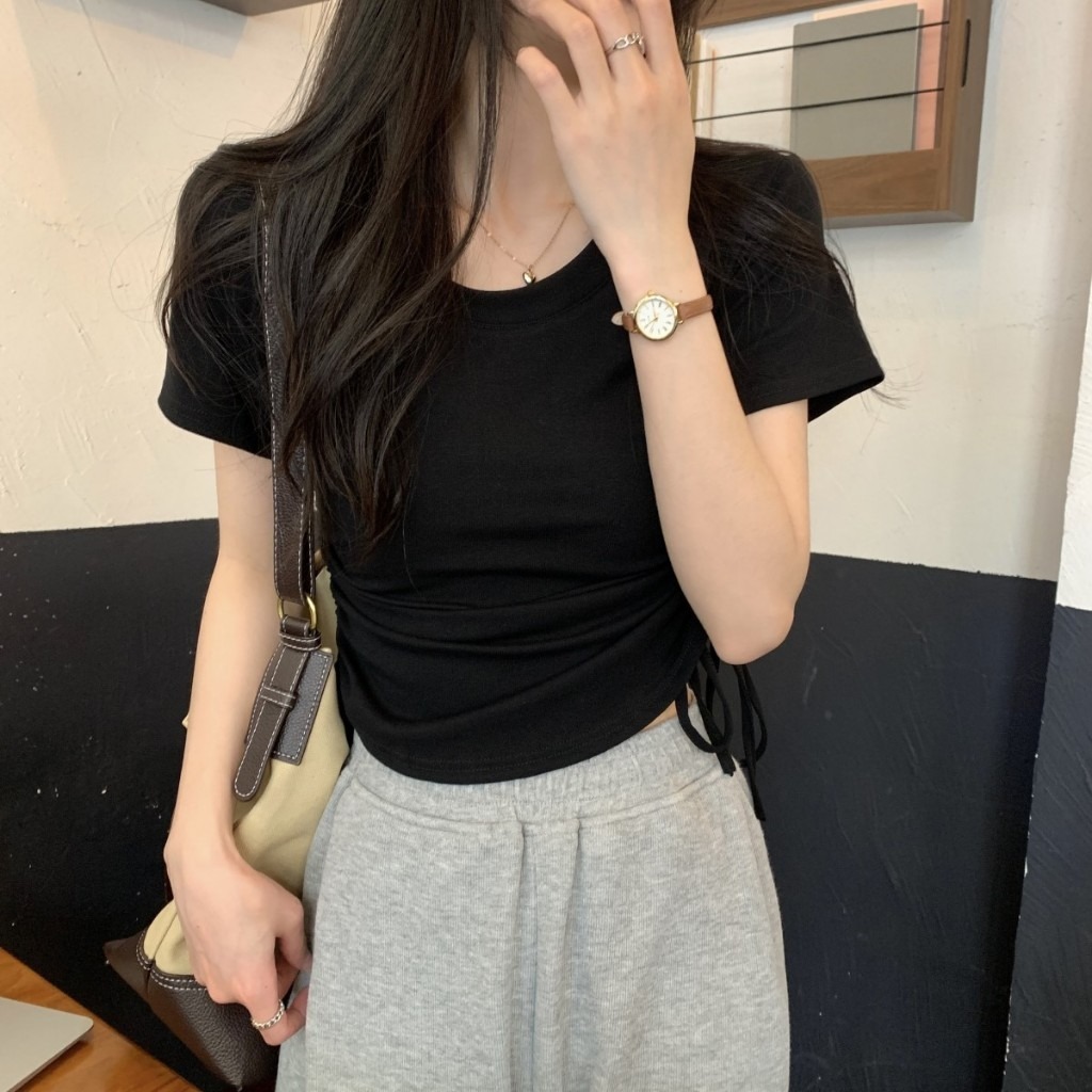 1146 Kaos Crop Top Serut Samping Lengan Pendek : TERBARU Atasan Wanita Serut Samping