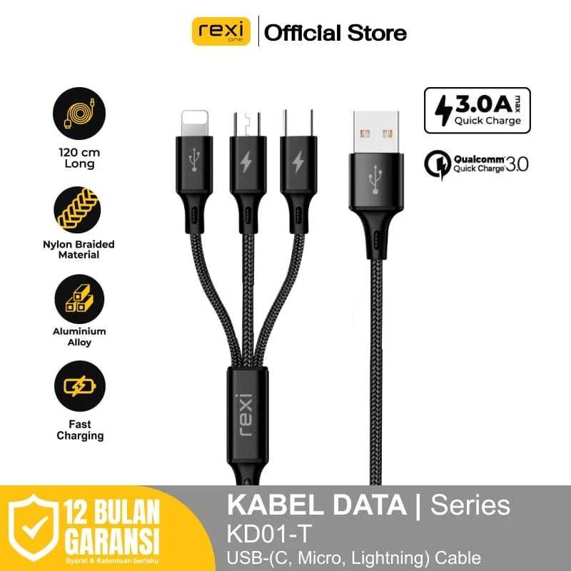 Cable Kabel Data Rexi KD01-T 3-In-1 (Micro, Type-C , Lightning) Double Press 120 CM LENGTH KD01-T